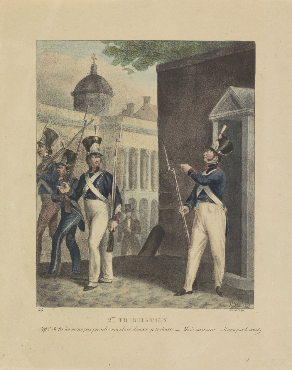 第二次大灾难，1828 年
第二次磨难Jeff! si tu ne viens pas prendre ma place, demain je te chasse - Mais monsieur - Il n y a pas de mais (title on object)
关于比利时步枪队内部不平衡的漫画，1828 年（系列标题） 作者 让·路易斯·范·赫默里克