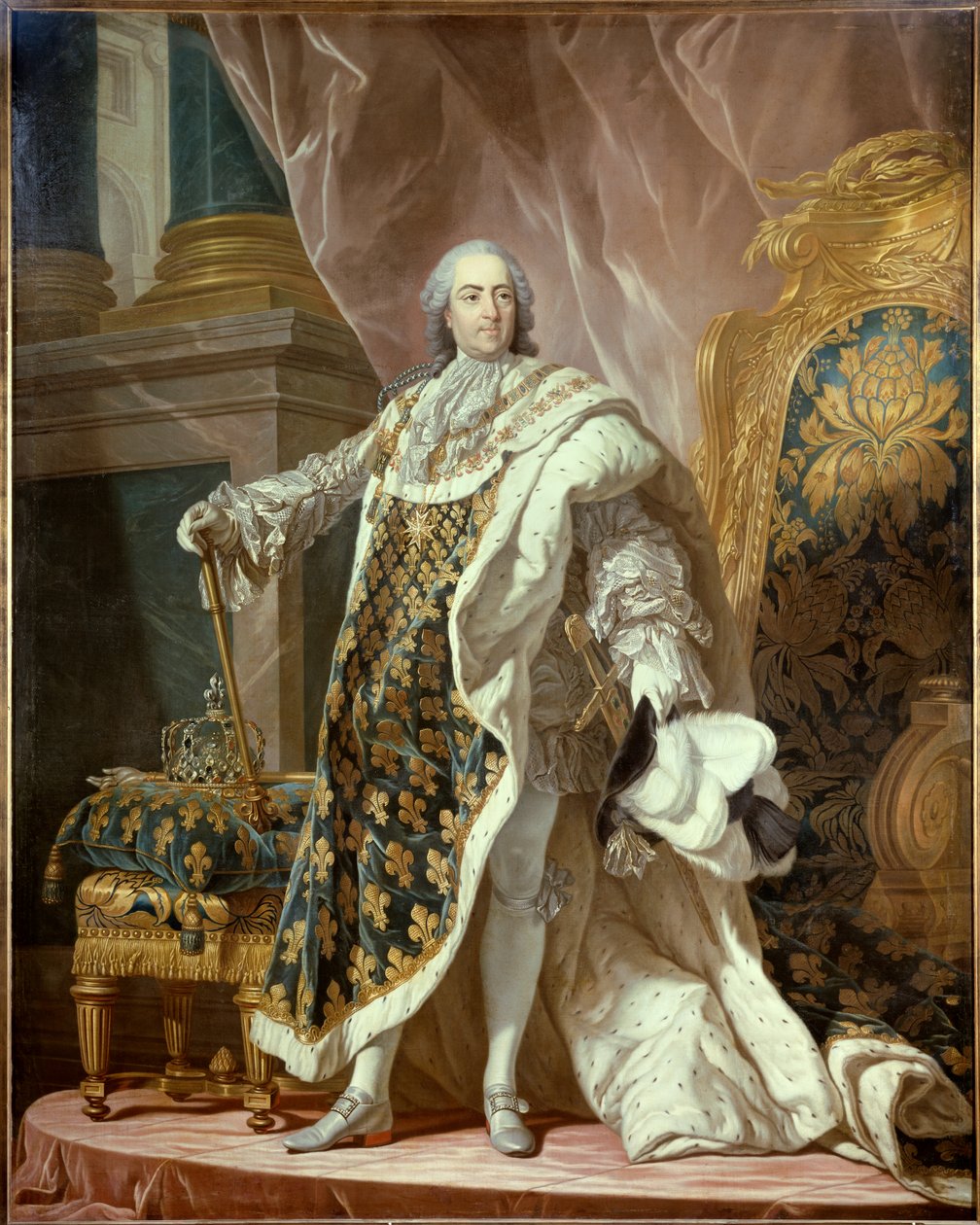 路易十五（1710-1774）脚下的肖像，身着圣衣，法国国王。 Jean Martial Fredou (1710-1774) 在 Louis Michel van Loo (1707-1771) 之后的绘画 1761 Dim。 2,77x1,95 m - 法国国王路易十五 (1710-1774) 的全长肖像 作者 尚·马丁·弗雷杜（Jean MartialFrédou）