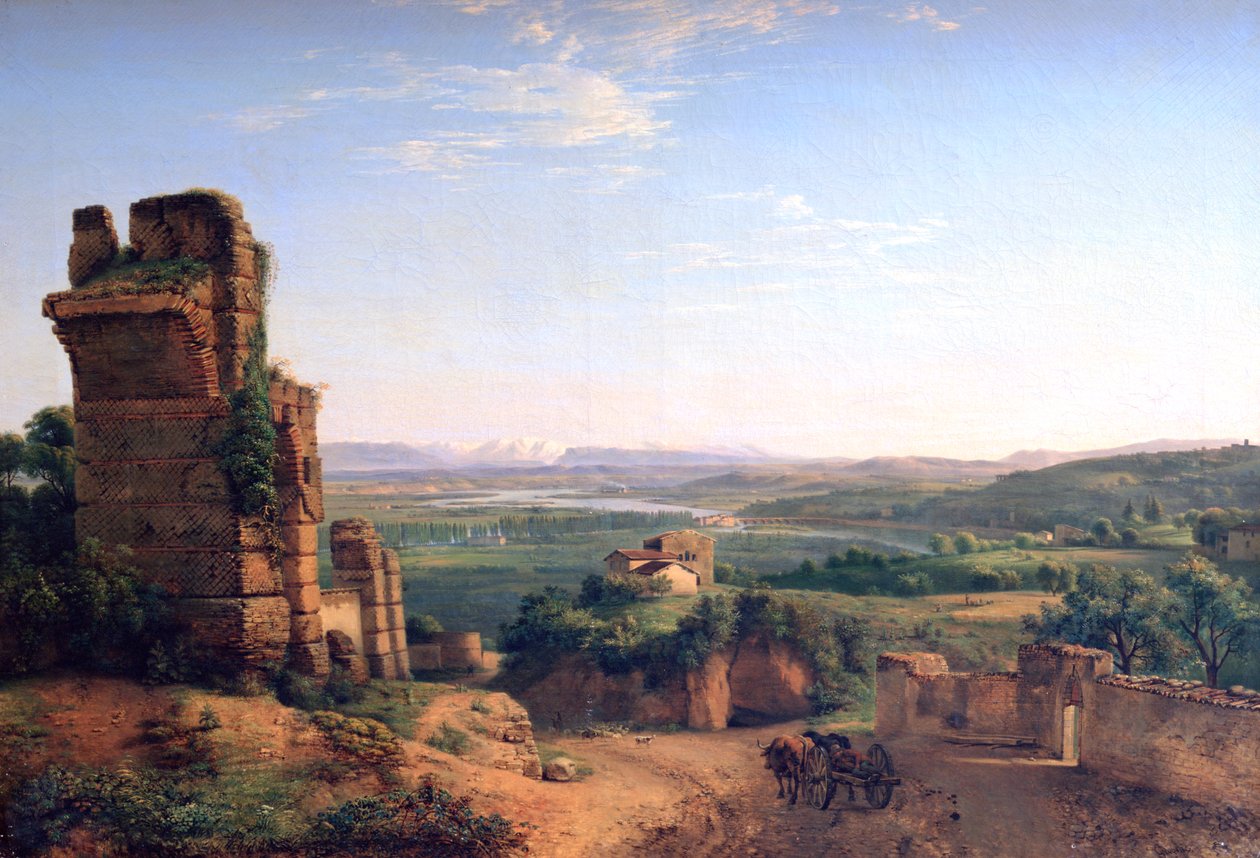 在圣贾斯（Sust）的山坡上看到的罗马渡槽（c1790-1853） 作者 让·米歇尔·格罗本