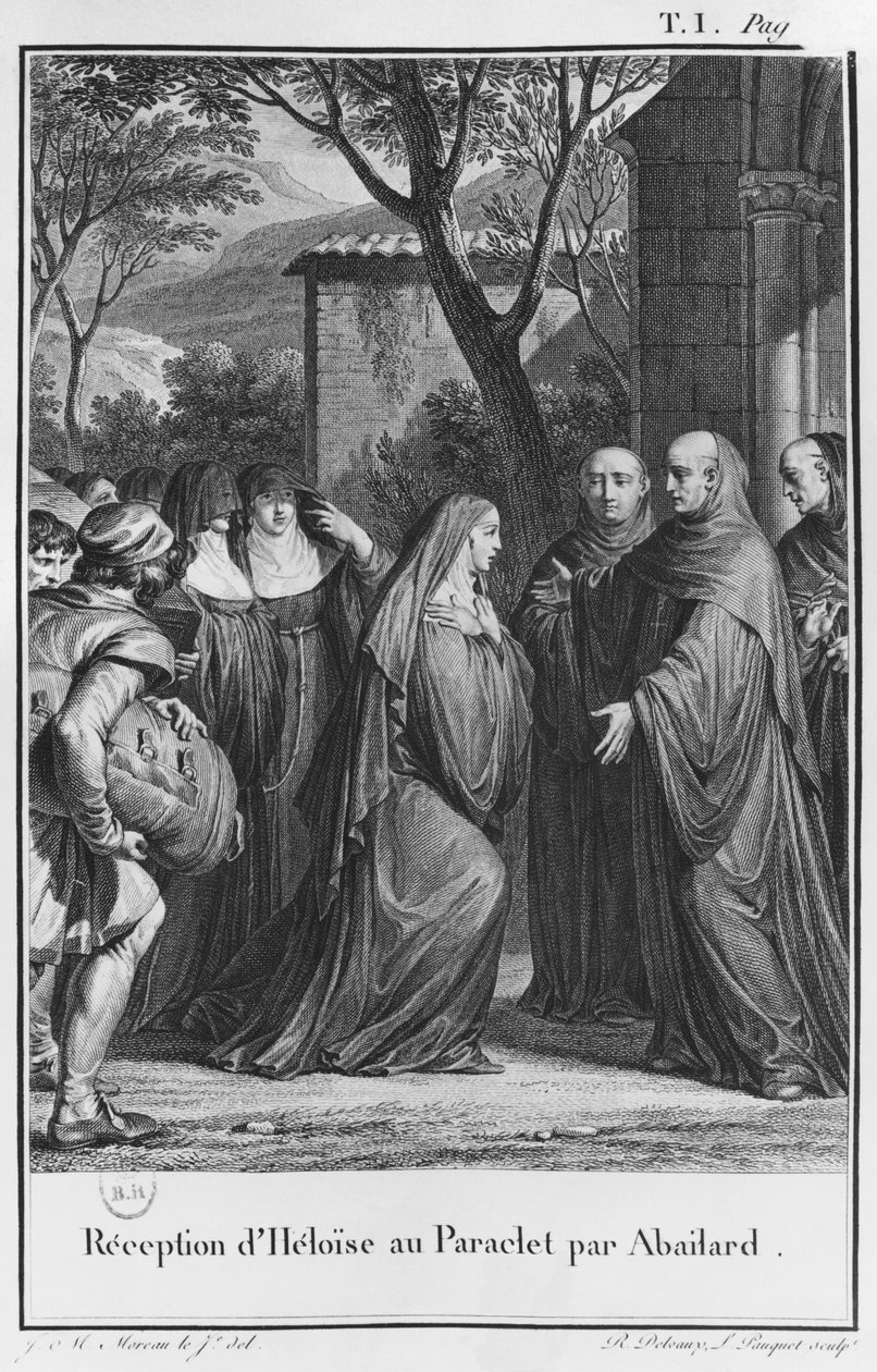 Abelard欢迎来到Paraclete的Heloise，插图来自&39;Lettres d&39;Heloise et d&39;Abelard&39;，第一卷，1795年 作者 让-米歇尔小莫罗
