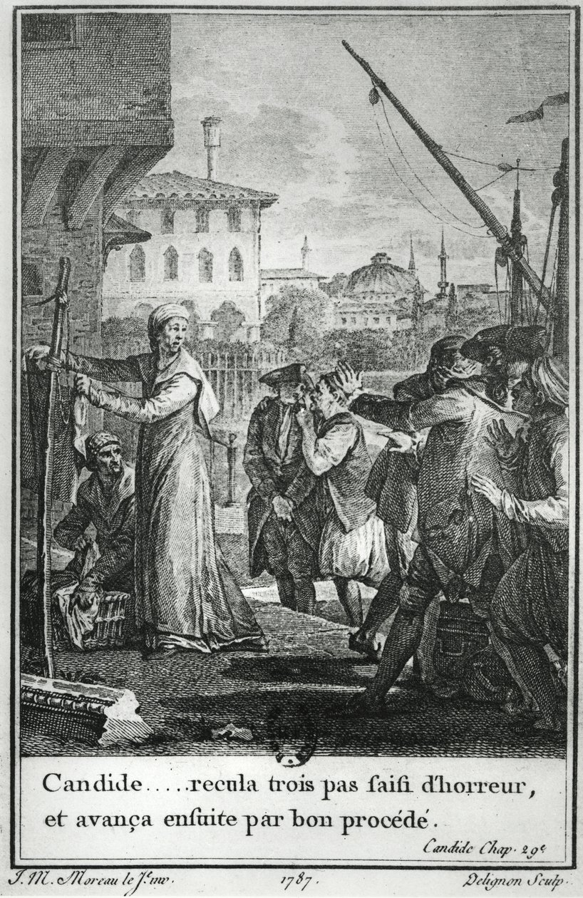Candide ......惊恐地抓住了三个步骤，然后进行了一个很好的过程，由Candide by Francois Voltaire（1694-1778）的第29章插图，由Jean Louis Delignon（1755-1804）1787年刻 作者 让-米歇尔小莫罗