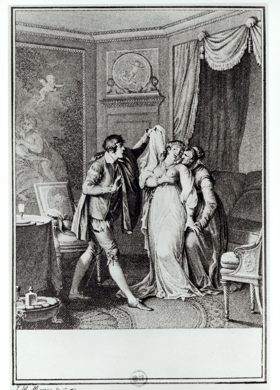 “脱掉那面纱”老女人向Candide说道，弗朗索瓦·伏尔泰（1694-1778）1787（雕刻）的“Candide”第7章插图（bw照片） 作者 让-米歇尔小莫罗