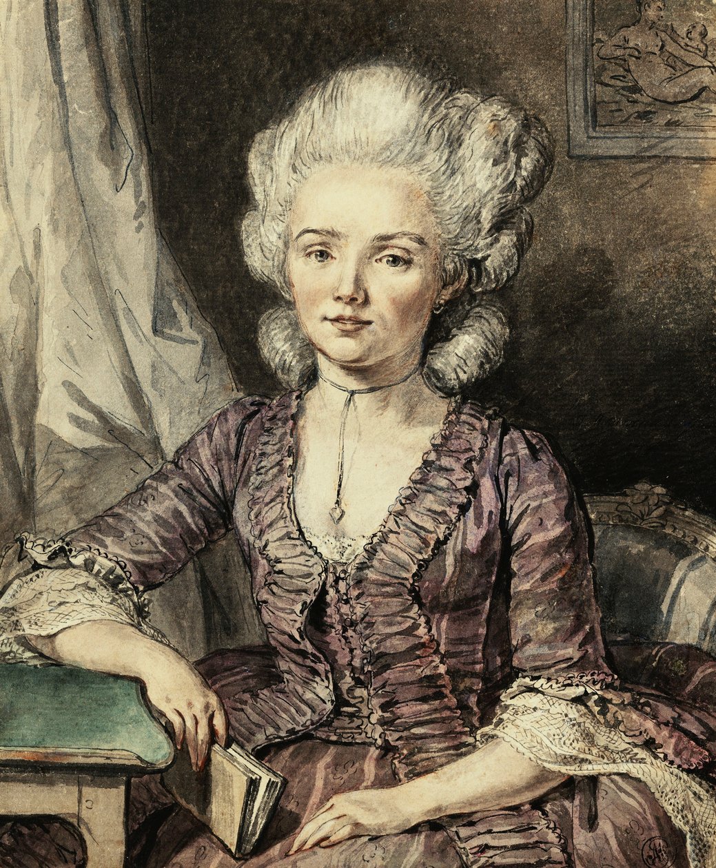 1785年，一位年轻女子坐在一张桌子旁坐着一本书 作者 让-米歇尔小莫罗