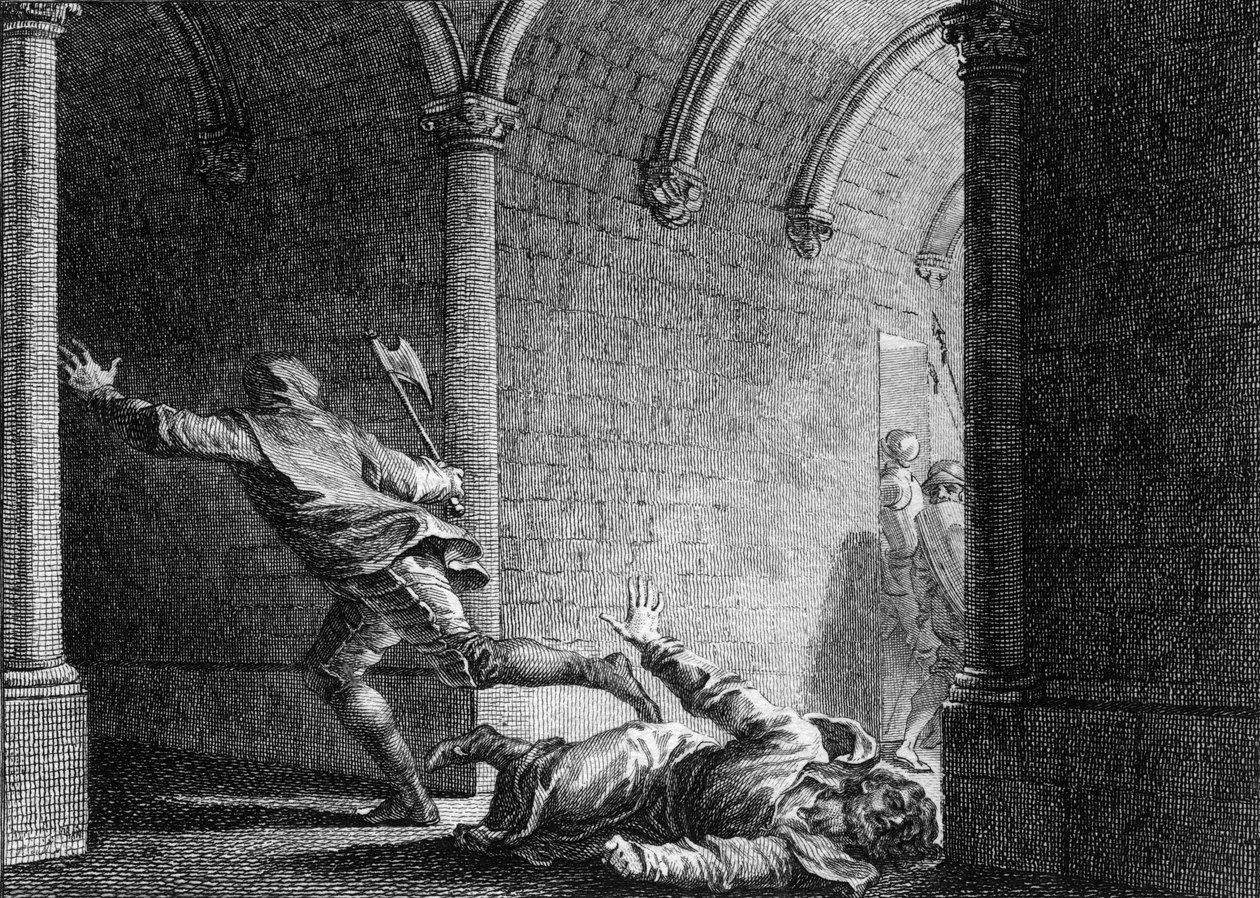 681年，诺伊斯特里亚宫市长埃布罗恩被刺杀：他被他抢走财产的领主赫曼弗洛伊用斧头杀死。让-米歇尔-莫罗（Jean Michel Moreau），又名莫罗青年（Moreau le Jeune）（1741-1814）的版画。 作者 让-米歇尔小莫罗