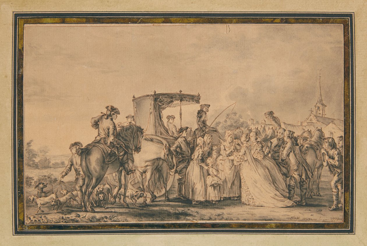 1773年，玛丽·安托瓦内特（Marie Antoinette）离开马车，被她的紧身胸衣包围着，抚慰着农民。 作者 让-米歇尔小莫罗