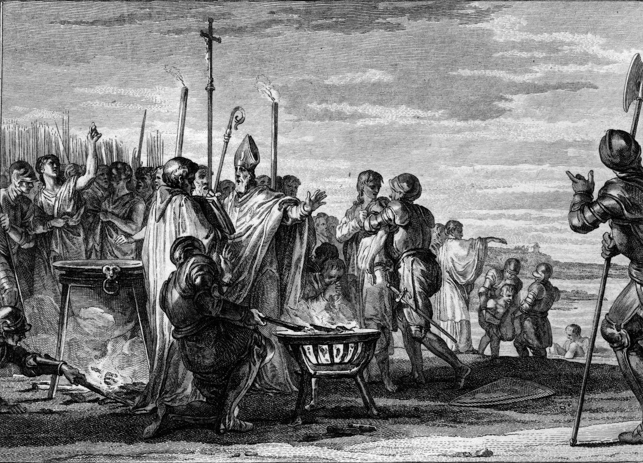 Ordalies或 "上帝的审判"，877年：日耳曼的路易斯的代表前来向路易二世索要洛林王国的半壁江山，同意接受热铁、沸水和冷水的考验。让-米歇尔-莫尔的版画 作者 让-米歇尔小莫罗