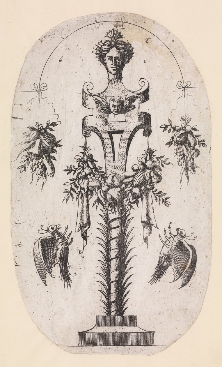 带女人头的期限设计，带子和战利品，1535-55。 作者 让·米尼翁
