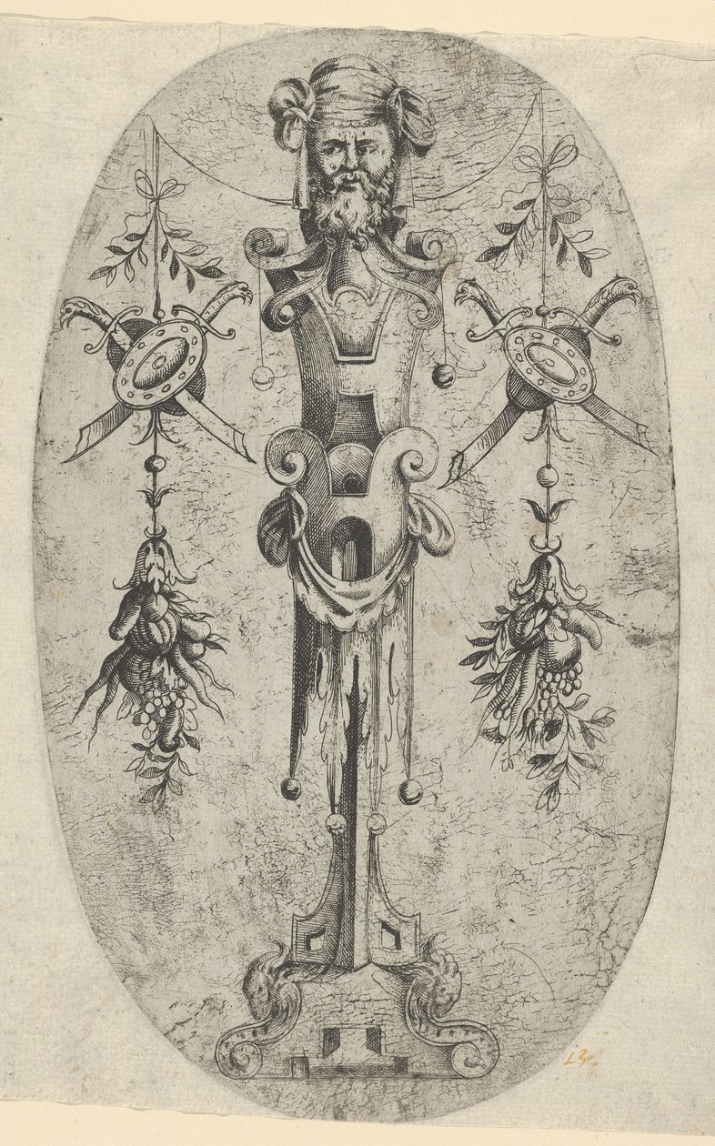 男性终端人物，头戴胡须和头巾，身穿三等分带式踏板...，约1543-1545年。 作者 让·米尼翁