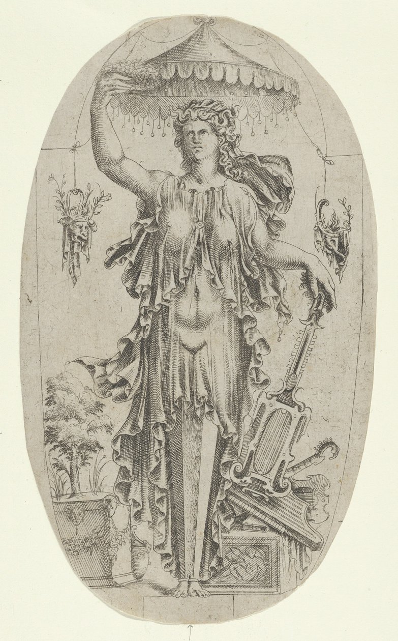 携带乐器的妇女形式的术语，1535-55。 作者 让·米尼翁