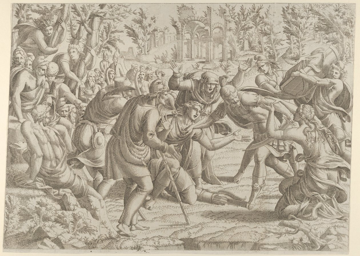 牧羊人将奸诈的西农带入特拉扬的营地，1535-55。 作者 让·米尼翁