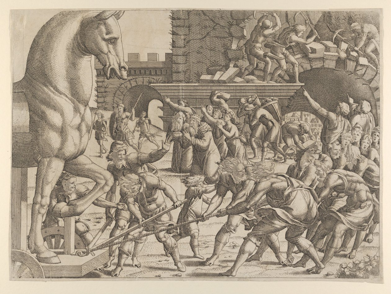特洛伊人将木马带入他们的城市，1535-55。 作者 让·米尼翁