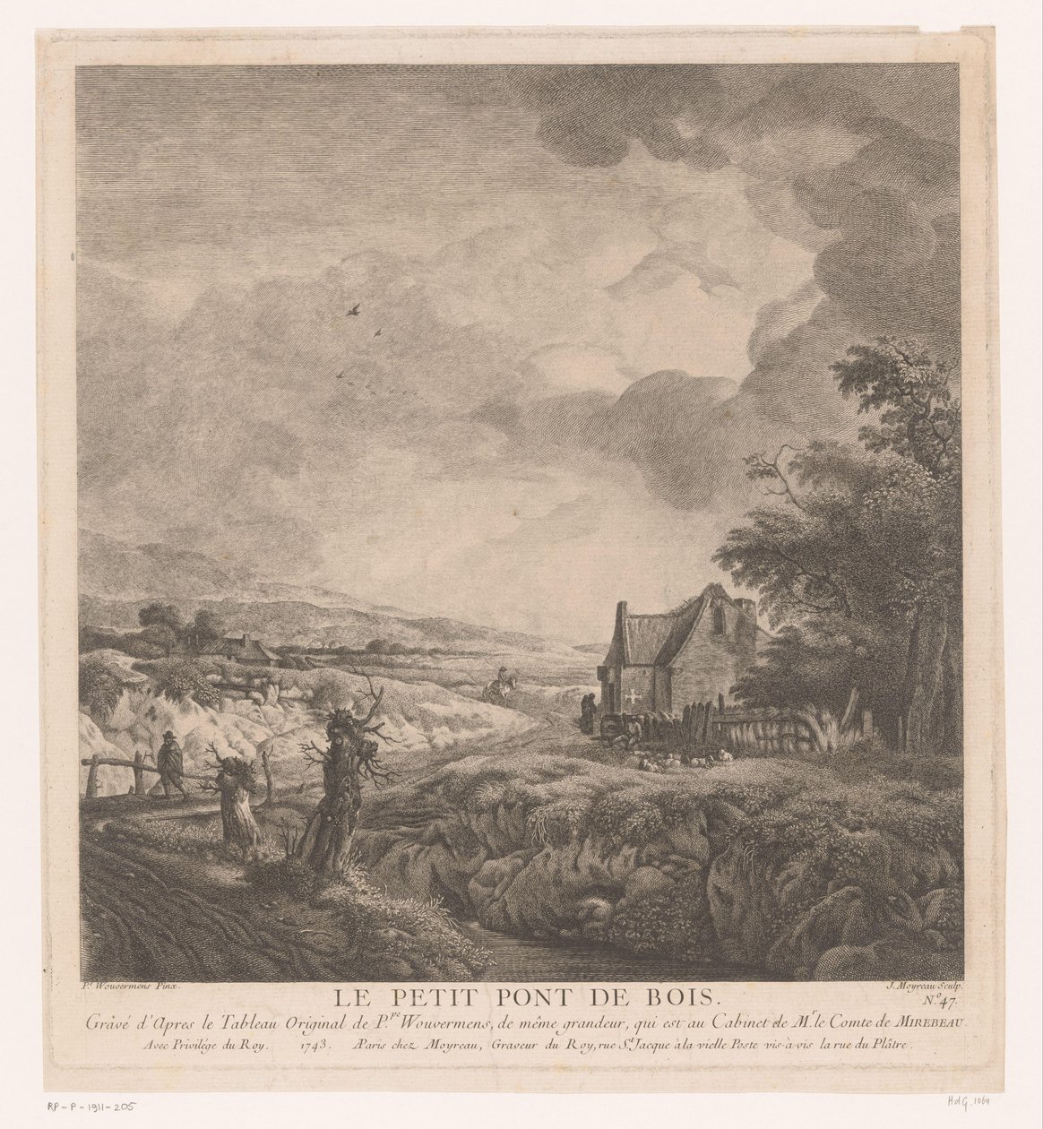 小桥流水人家的风景画
Le petit pont de bois（物品上的标题）
根据飞利浦-乌尔曼画作绘制的版画（系列名称）
Oeuvres de Ph.pe Wouwermans Hollandois（系列名称） 作者 让·莫约