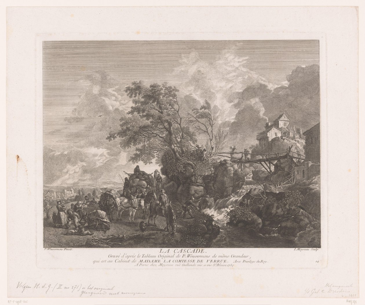 瀑布处游客的风景 La Cascade（对象上的标题） 飞利浦·沃沃曼 (Philips Wouwerman) 绘画作品的版画（系列标题） Oeuvres de Ph.pe Wouwermans Hollandois（系列标题） 作者 让·莫约