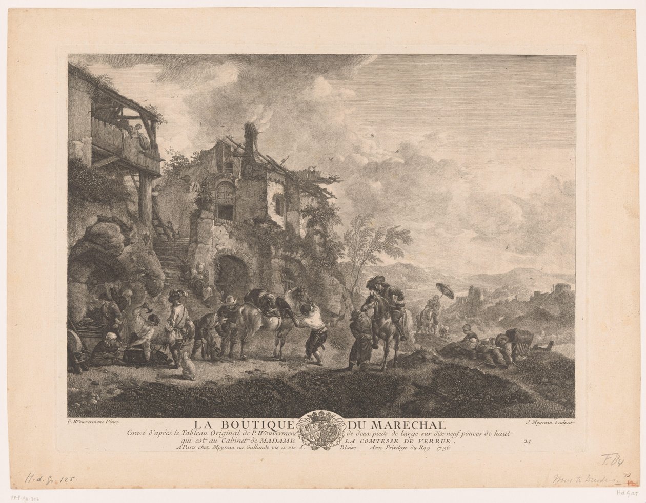 铁匠铺里的旅行者
La boutique du marechal（物品上的标题）
根据菲利普斯-乌尔曼的画作绘制的版画（系列名称）
Oeuvres de Ph.pe Wouwermans Hollandois（系列名称） 作者 让·莫约
