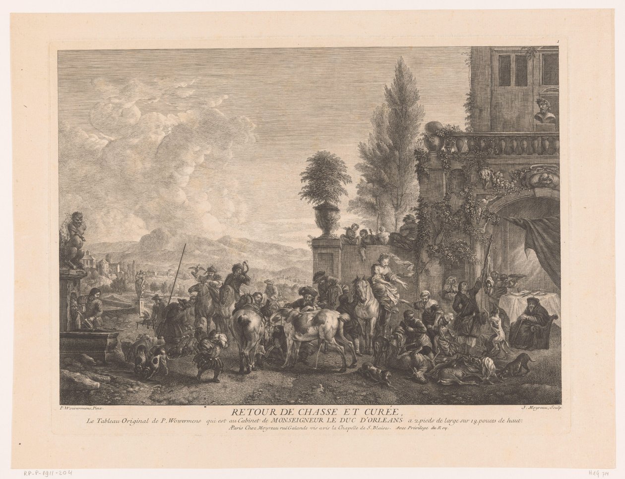 狩猎队归来 Retour de chasse et curée（物体上的标题） 飞利浦·沃沃曼 (Philips Wouwerman) 绘画作品的版画（系列标题） Oeuvres de Ph.pe Wouwermans Hollandois（系列标题） 作者 让·莫约
