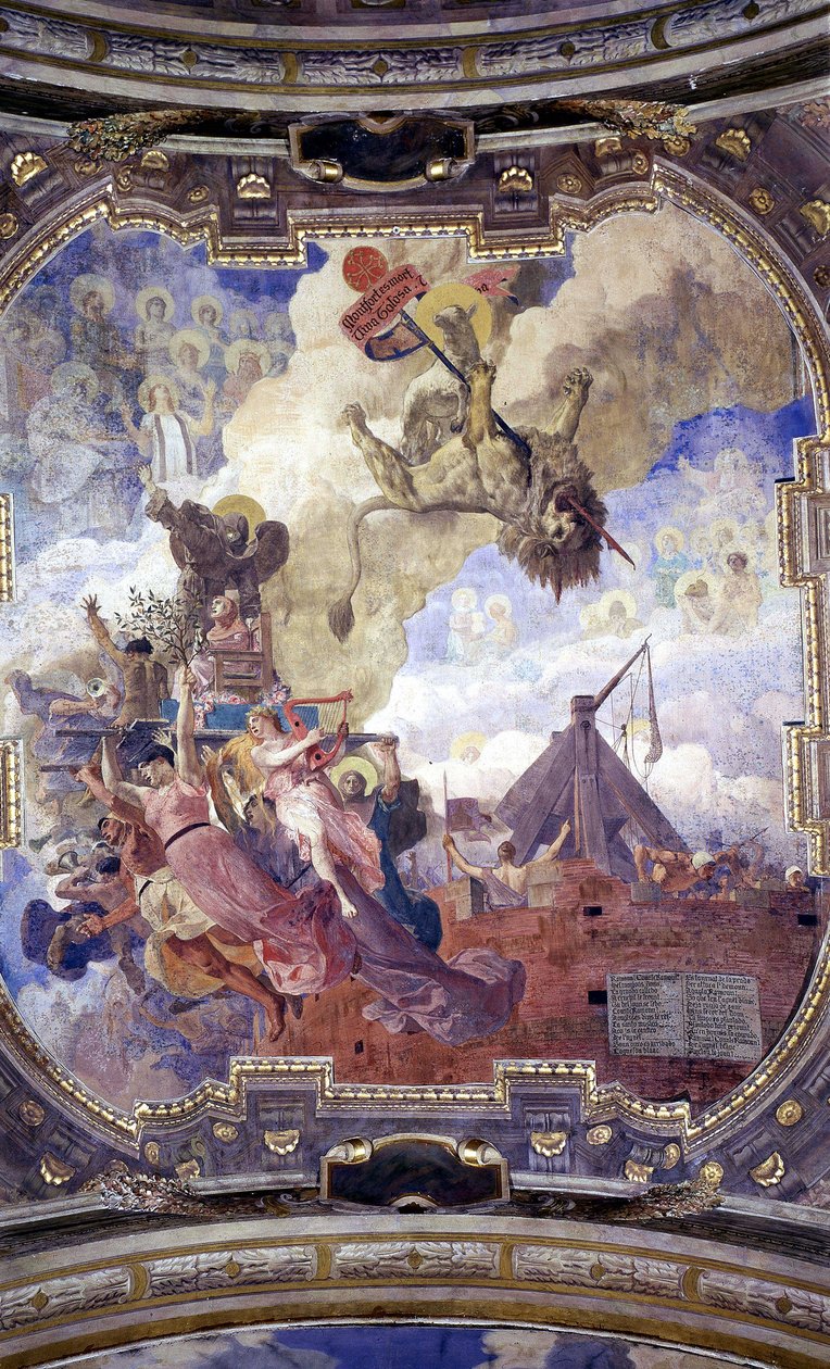 图卢兹市政厅的天花板：让·保罗·劳伦斯 (Jean Paul Laurens) 的西蒙·德·蒙福特 (Simon de Montfort) 之死的寓言 作者 让·保罗·劳伦斯