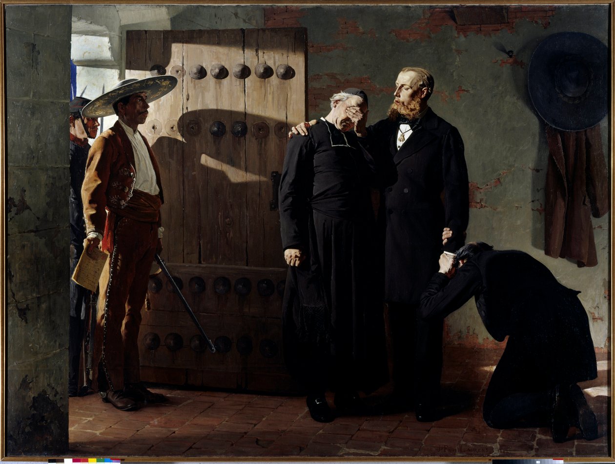墨西哥皇帝马克西米利安一世 (1832-1867) 于 1867 年 6 月 19 日被处决前 国王在离开监狱前安慰了一位牧师。 让·保罗·劳伦斯 (1838-1921) 于 1882 年在圣彼得堡作画。 冬宫博物馆。 作者 让·保罗·劳伦斯
