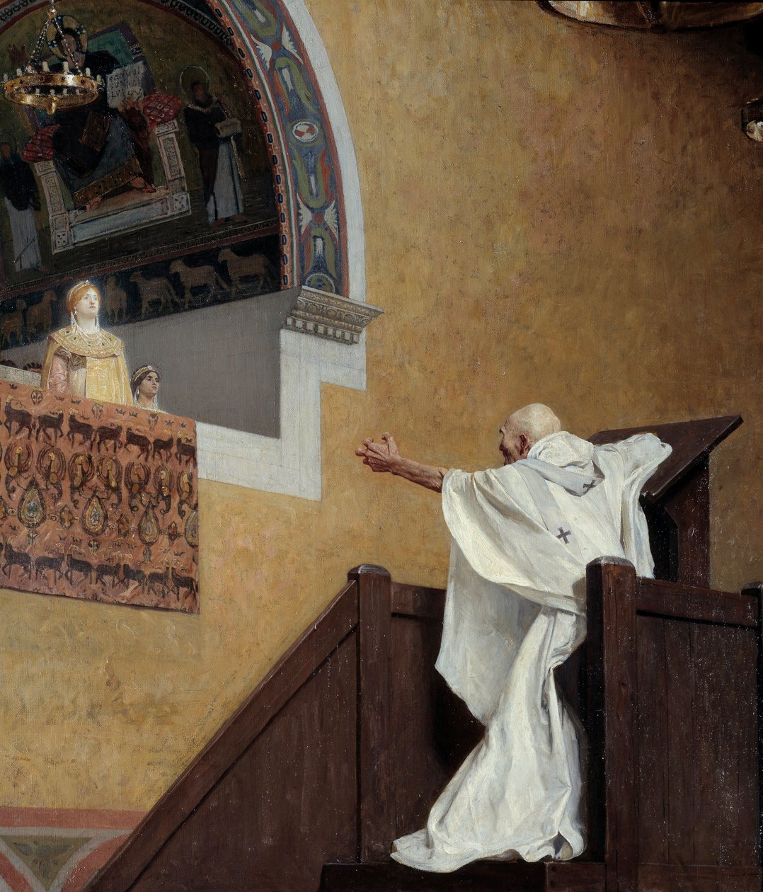 Saint John Chrysostom (349-407) 和 Imperatrix Eudoxia (? 404)。 族长责备西王尤多希亚（尤多希亚·艾莉亚），责备她的奢侈和爱排场。 细节。 让·保罗·劳伦斯 (1838-1921) 的绘画 作者 让·保罗·劳伦斯