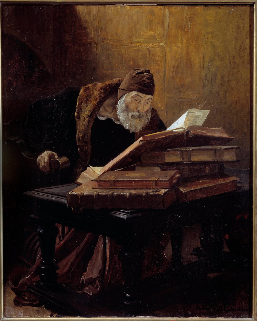 老科学家。 让·保罗·劳伦斯 (1838-1921) 于 1889 年作画。布面油画。 暗：0.60 X 0.48m。 图卢兹，Musee Des Augustins - 老科学家或炼金术士。 让·保罗·劳伦斯 (1838-1921) 的绘画 作者 让·保罗·劳伦斯
