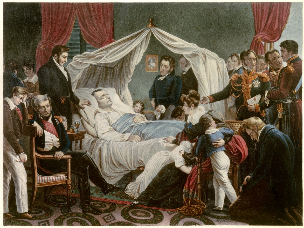 La Mort de Napoleon，1821 年 5 月 5 日，由 Jean Pierre Marie Jazet（1788-1871）绘制的 Sainte Helene 石版画，由 Charles Auguste Steuben（1788-1856）Malmaison 绘制。 城堡博物馆 作者 让·皮埃尔·玛丽·贾泽特
