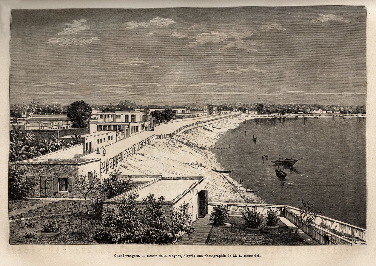 Chandernagor (present-day Chandannagar, in West Bengal), on the banks of the Ganges, engraving after the drawing by J.Moynet, illustrating the journey in India of the Rajahs, in 1864-1868, by Louis Rousselet, published in “” Le tour du monde”” 1874, edited 作者 让·皮埃尔·莫奈