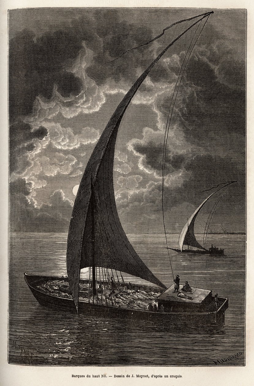 Les barques du haut Nile, reduced crew and passengers sleeping on deck, in moonlight, engraving after J.Moynet