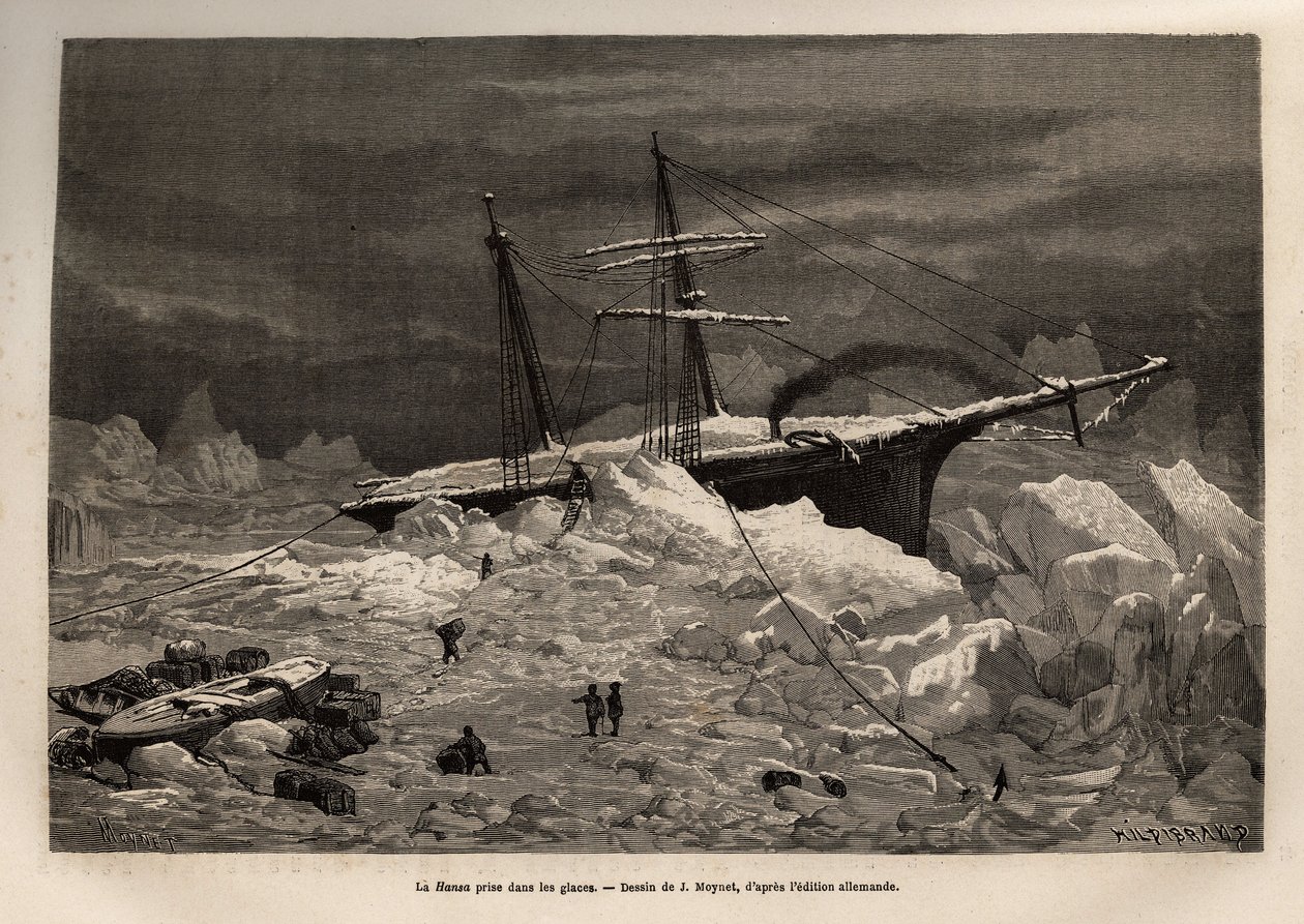 The German ship La Hansa caught in the ice, the crew hasten to unpack the necessary objects and provisions, before abandoning the ship and continuing the expedition on the ice, engraved after the drawing of J.Moynet, illustrating the voyage of the ships La 作者 让·皮埃尔·莫奈
