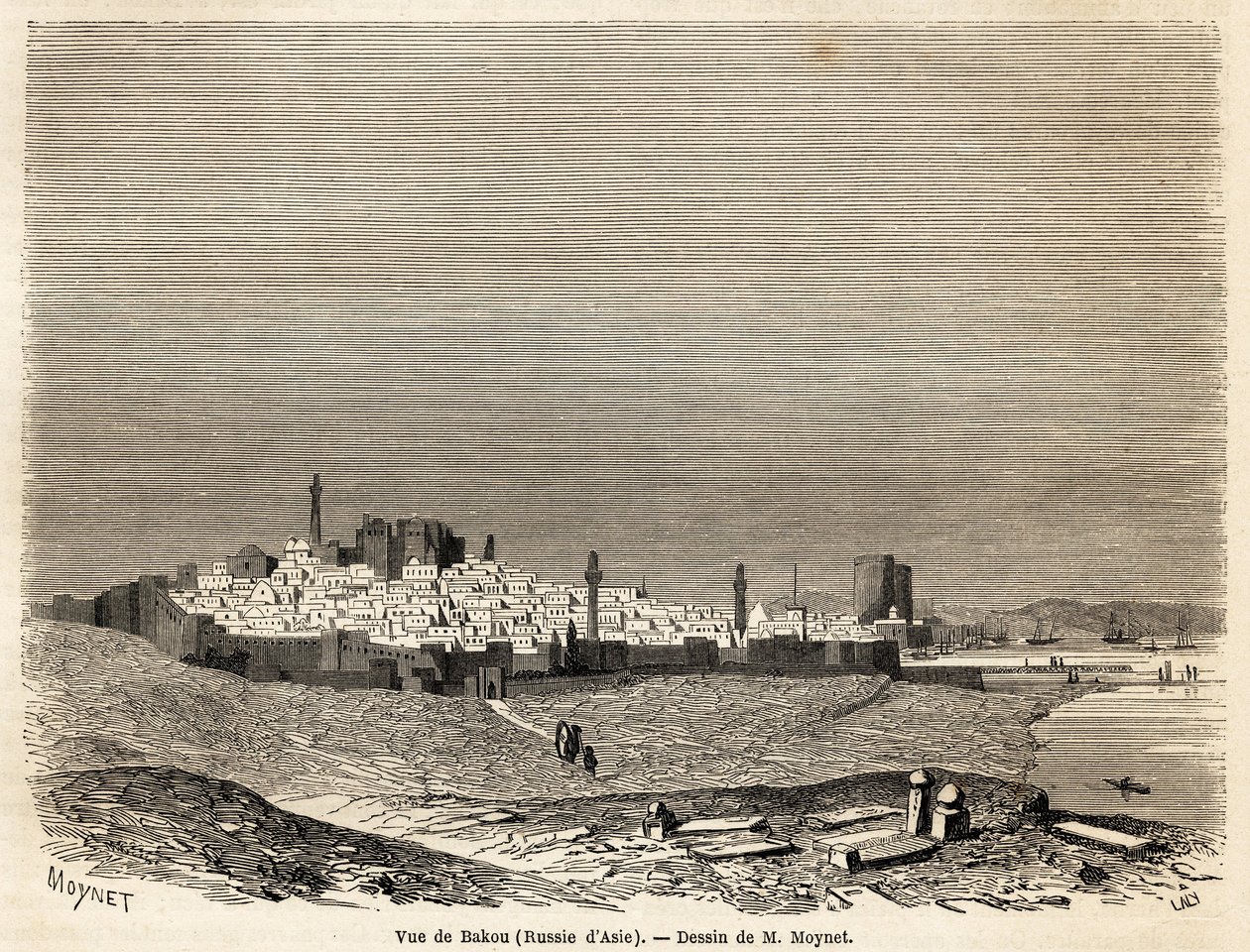 1858 年 10 月，Moynet 先生绘制的巴库（俄罗斯、阿塞拜疆）视图，以说明前往里海沿岸的航行。 雕刻在“”Le tour du monde, nouveau journal des voyages””巴黎 作者 让·皮埃尔·莫奈