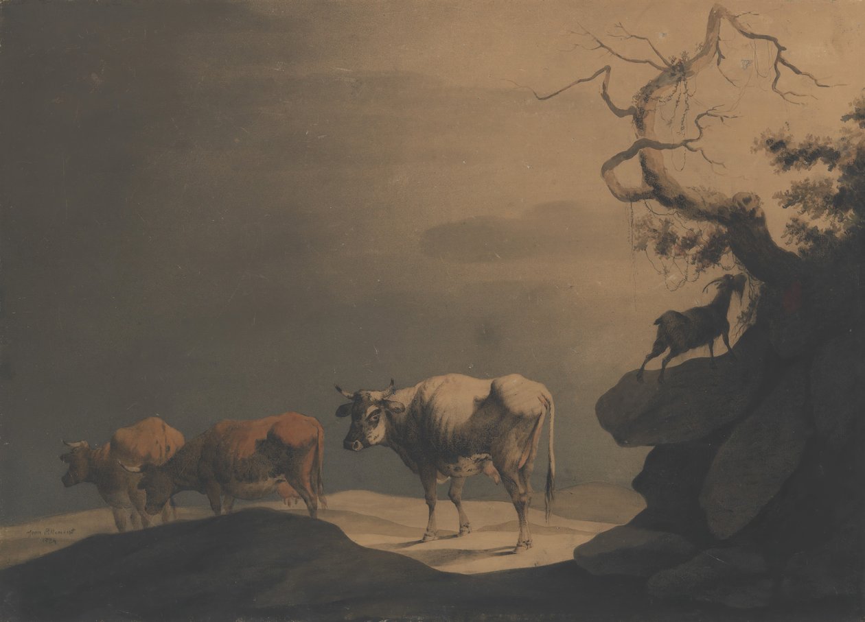 风景中的奶牛和山羊，1774年。 作者 让·皮列芒。