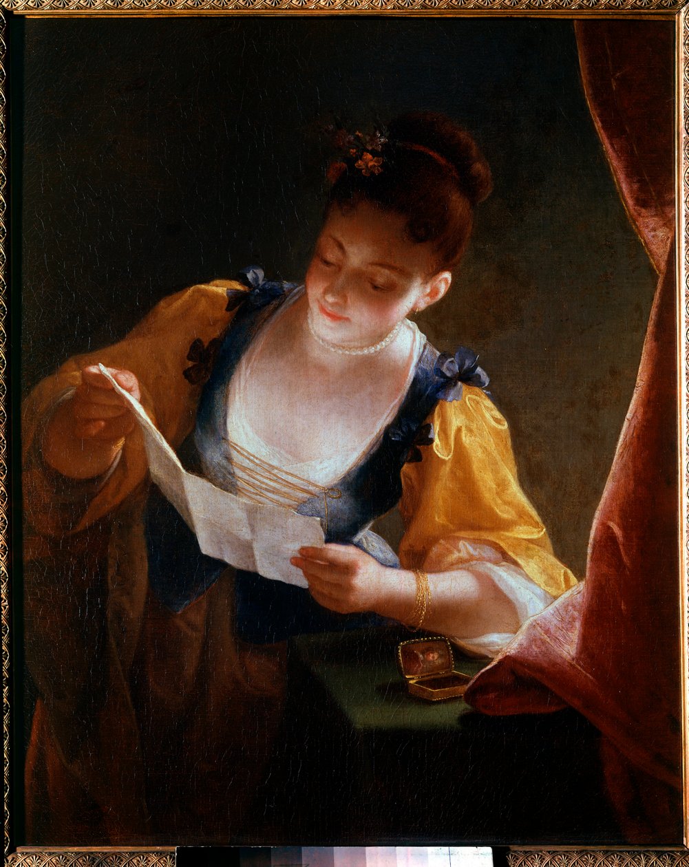 让·拉乌 (Jean Raoux) (1677-1734) 18 世纪的画作《读信的年轻女子》。 0,99x0,81 米 作者 让·劳克斯