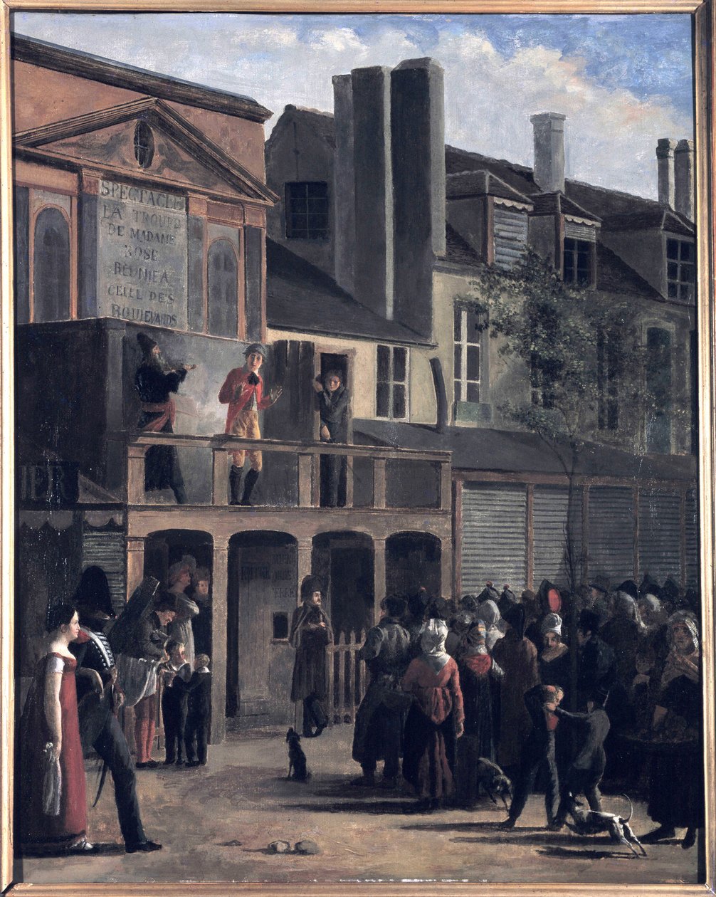 La Parade de Bobèche et Galimafre，Jean Roller的画作，表现了观看街头表演的人群。19世纪的油画。 作者 吉恩·罗勒