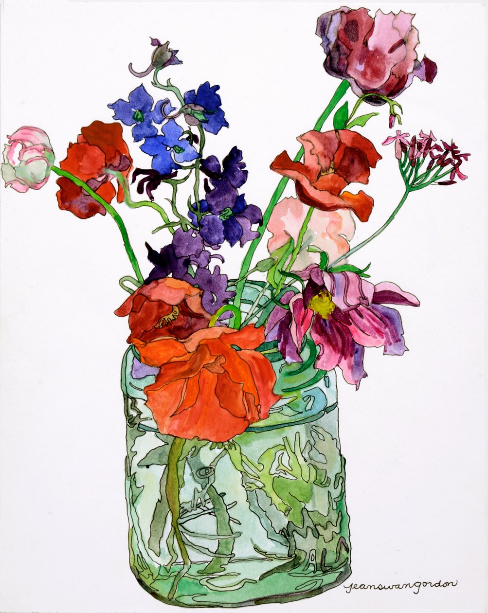 瓶中的飞燕草、罂粟花及其他，2011 年（纸上水彩和墨水） 作者 吉恩·斯万·戈登
