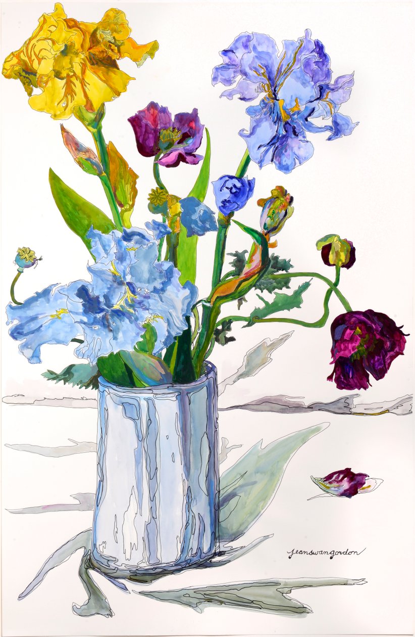 银瓶中的鸢尾花、罂粟花（纸上水彩和水墨） 作者 吉恩·斯万·戈登