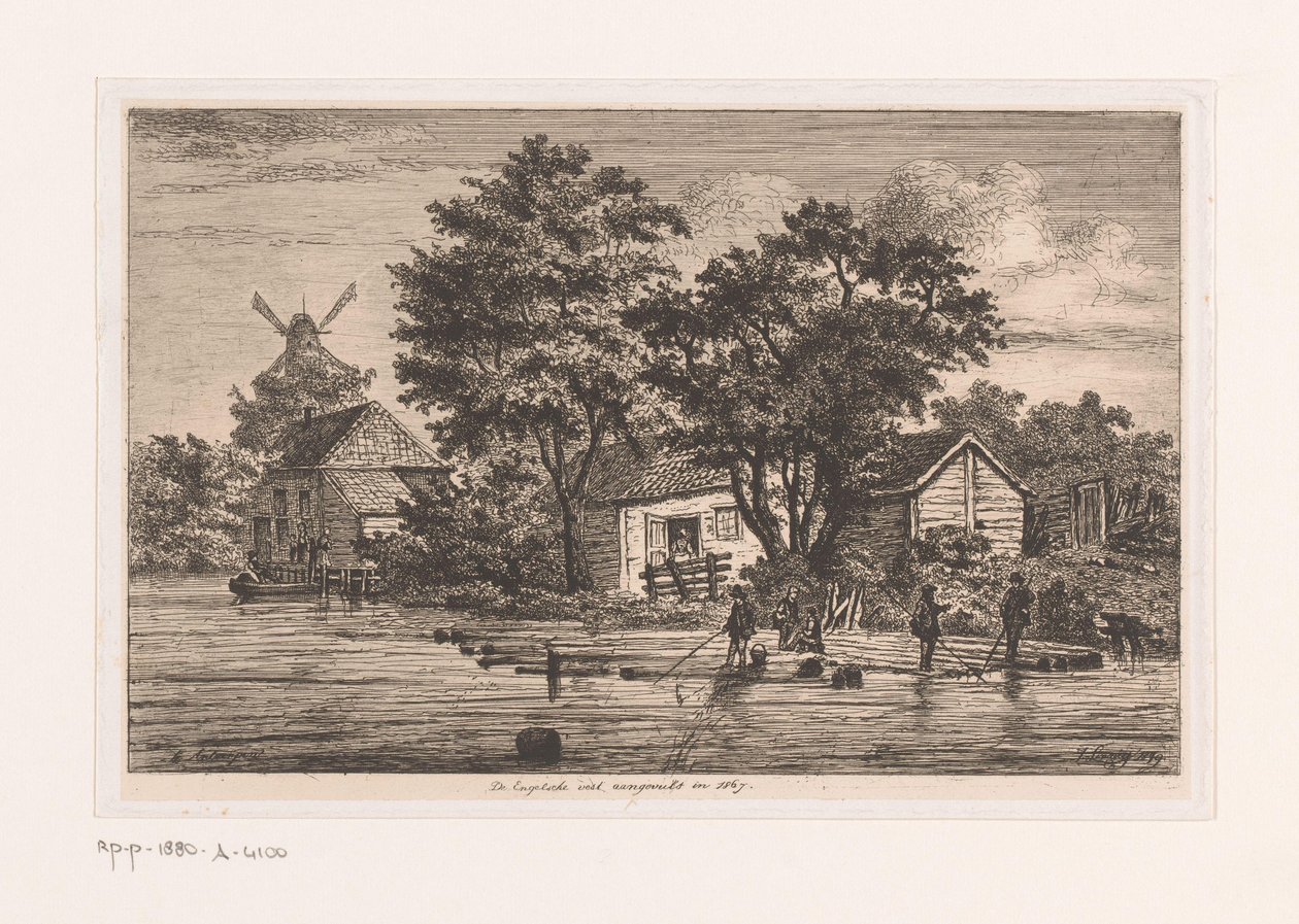 安特卫普 Engelsche 马甲收集树干的场景，背景为建筑物和风车
1867 年填充的 Engelsche 背心（物品上的标题） 作者 让·西奥多·约瑟夫·林尼