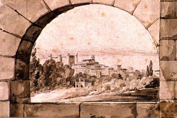 布拉奇亚诺的城市和湖泊景观，约1810年（纸上钢笔和棕褐色墨水与棕褐色水洗）。 作者 让·托马斯·蒂博