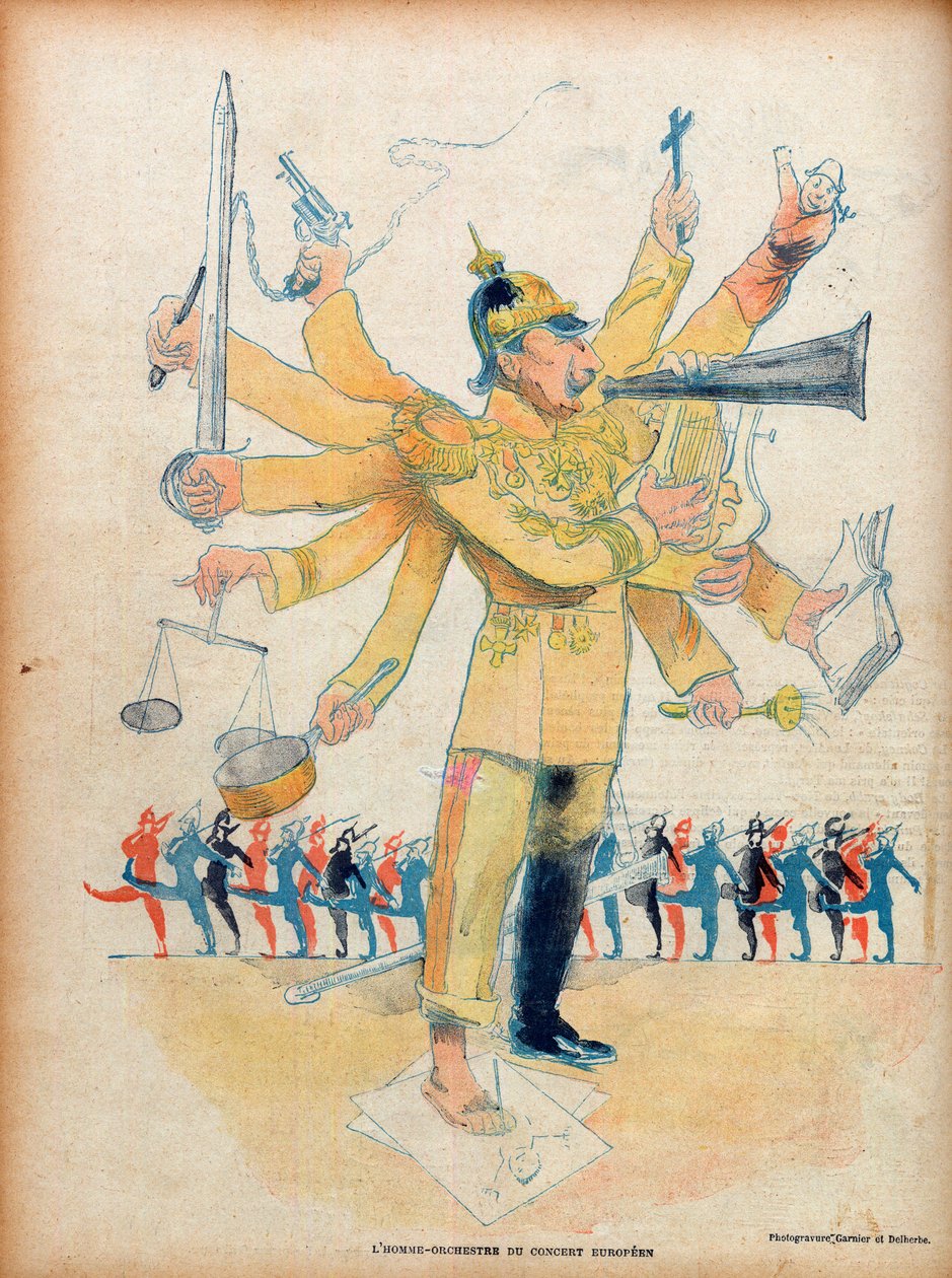 威廉二世（1859-1941）（德皇威廉二世德国皇帝和普鲁士国王）--欧洲音乐会的男子管弦乐队--1898年11月26日的 "Le Rire "漫画--让-维伯（1864-1928）的漫画--献给威廉二世（1859-1941）的数字a 作者 让·韦伯