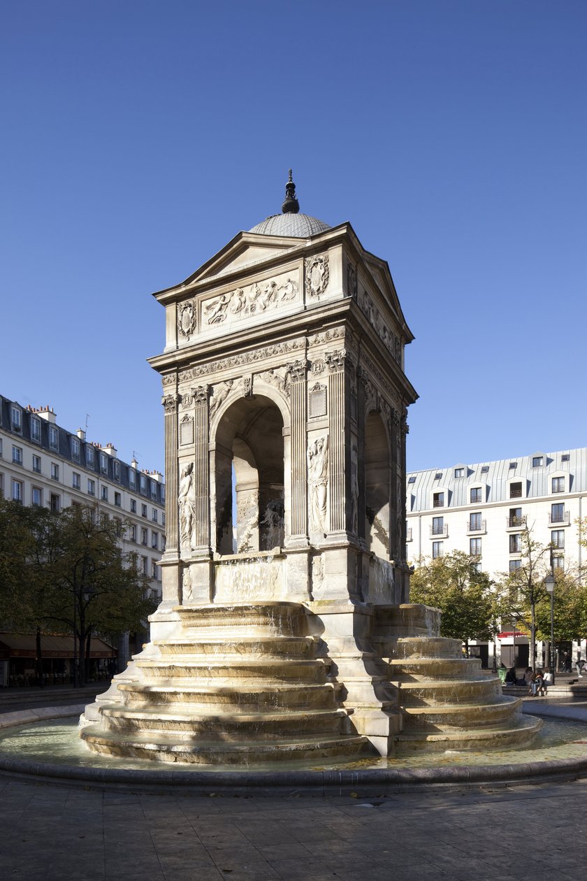 文艺复兴时期风格的 Fontaine des Innocents 的景观，建于 1549 年亨利二世 (1519-1559) 统治时期的巨大喷泉 作者 让和莱斯科特皮埃尔·古容