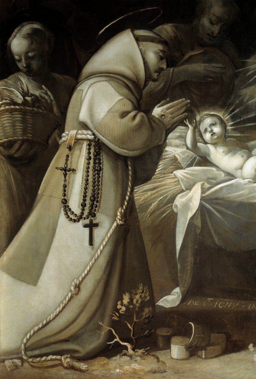 牧羊人的崇拜一位和尚在孩子耶稣前祈祷。 Jean de Saint Igny的绘画 作者 让·德·圣伊尼