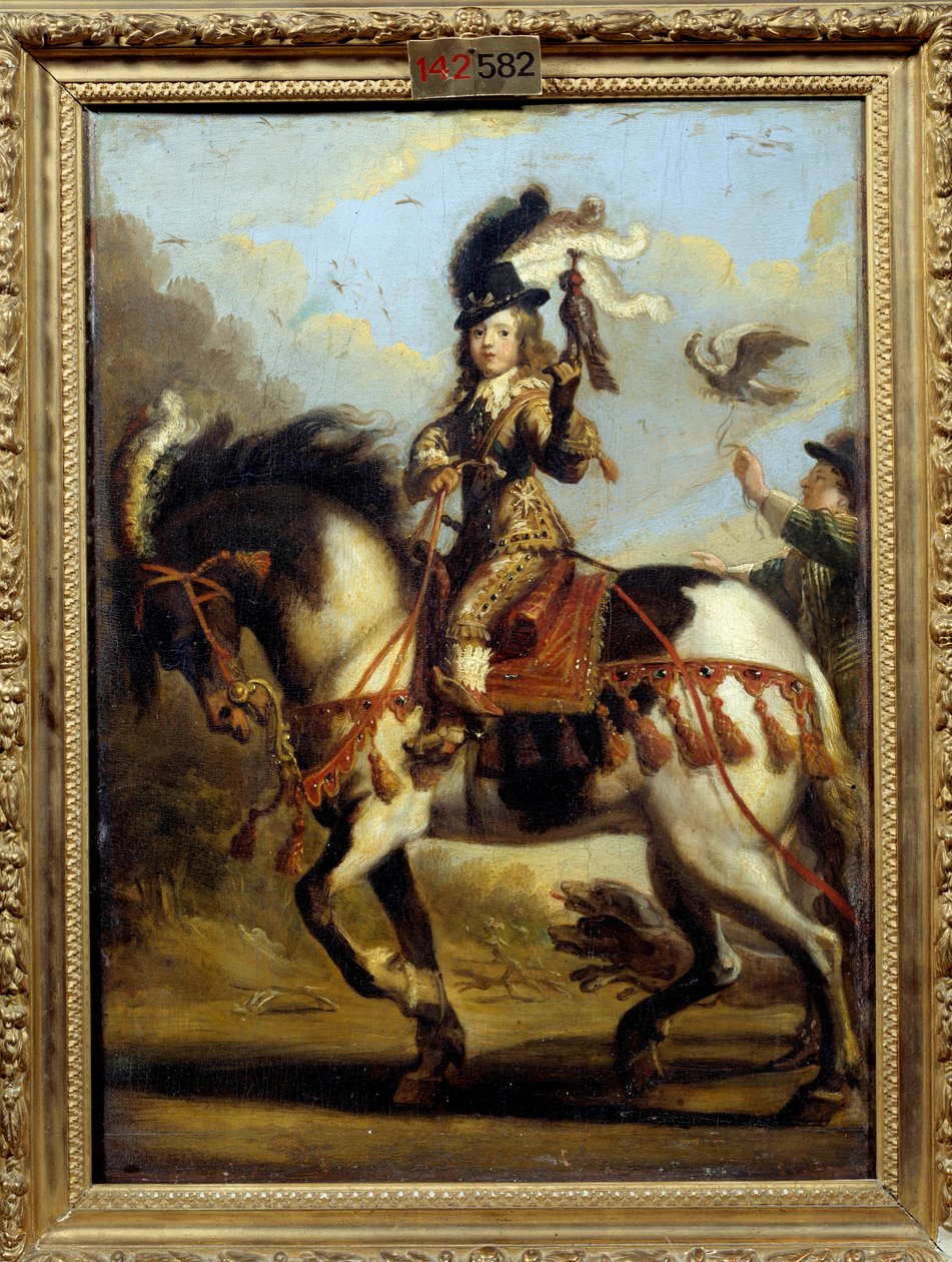 年轻的路易十四（1638 -1715）前往狩猎的马术肖像。 让·德·圣·伊尼 (Jean De Saint Igny) 的绘画（？1647 年）。 布面油画。 昏暗：0,41 X 0,30m。 尚蒂伊，孔德博物馆 作者 让·德·圣伊尼