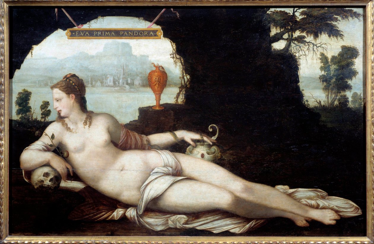 Eva Prima pandora 代表了一个女人，跨越了夏娃和潘多拉的特征，他们都给地球带来了所有的邪恶。 Jean Cousin 的绘画 (Vanite) 称为父亲 (1490-1560) 16 世纪。 暗淡。 0,97x1,5 m。 作者 表姐让·表哥