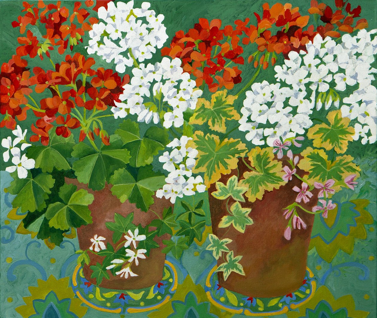 花盆里的红白天竺葵，2013 年（丙烯酸画布） 作者 詹妮弗·阿博特