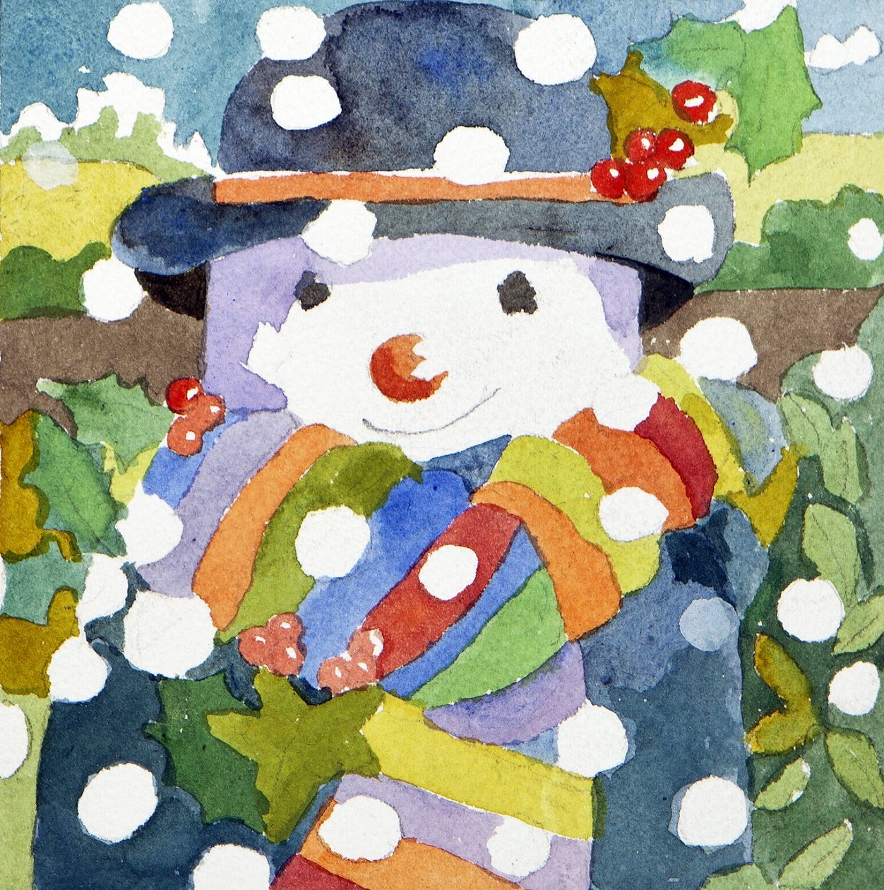 雪中的雪人，2011 年（水彩画） 作者 詹妮弗·阿博特