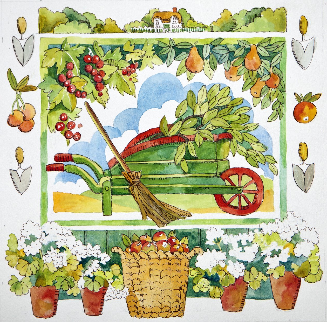手推车 - 花园周围，2012 年，水彩画 作者 詹妮弗·阿博特