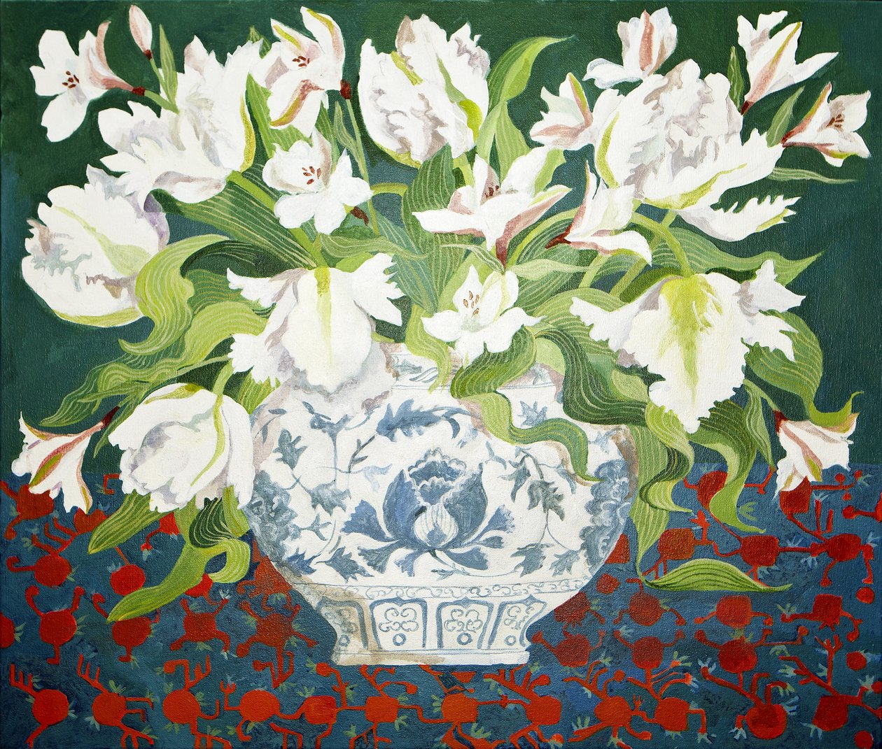 白色双郁金香和绣线菊，2013 年（丙烯酸画布） 作者 詹妮弗·阿博特