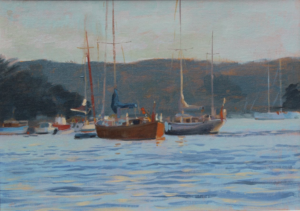 晚上游艇Salcombe，油在船上，2016年 作者 詹妮弗赖特