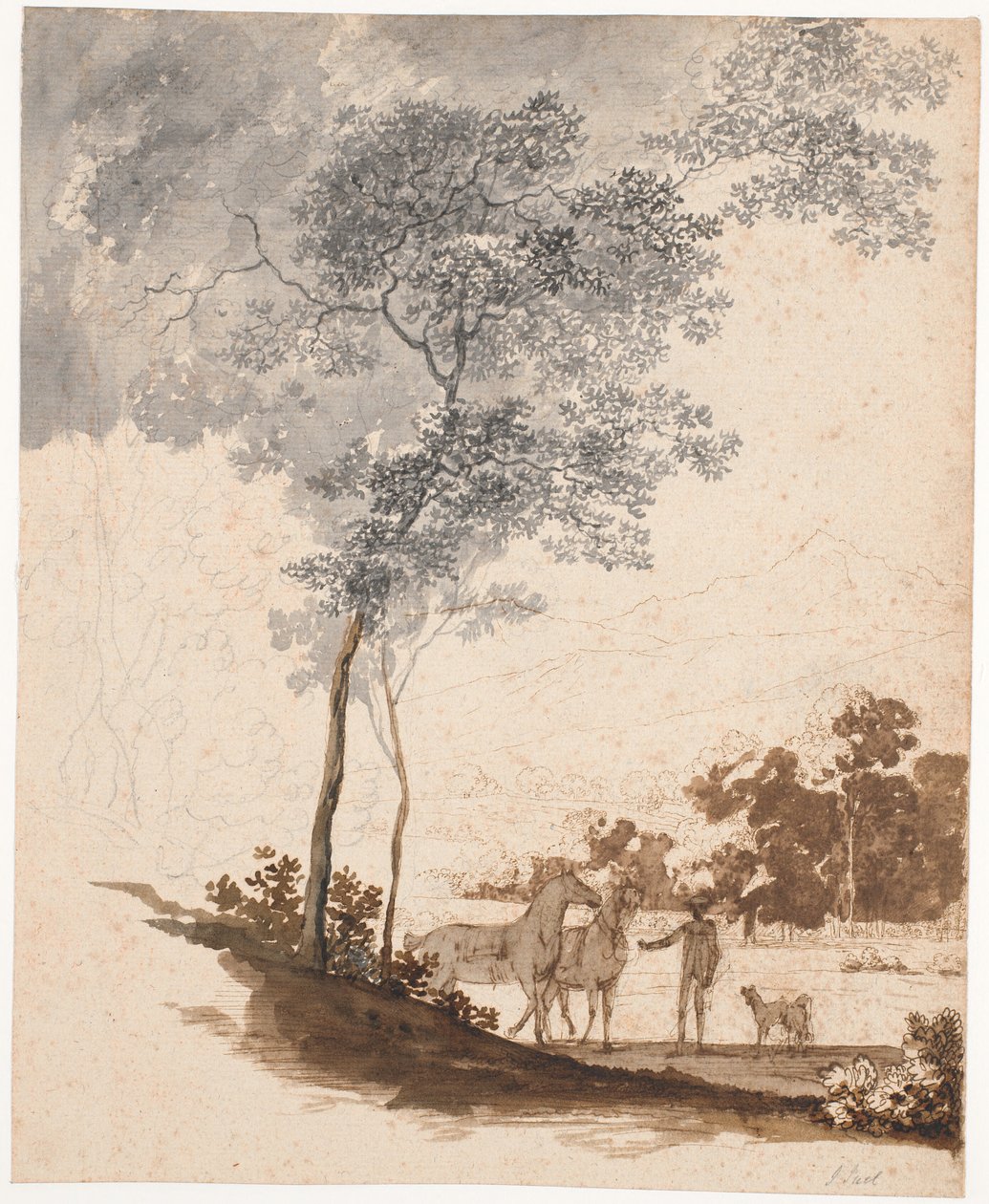 瑞士风景，一个骑马男孩牵着两匹马和几只狗；让-阿尔芒-特龙钦肖像的研究作品 作者 詹斯·尤尔