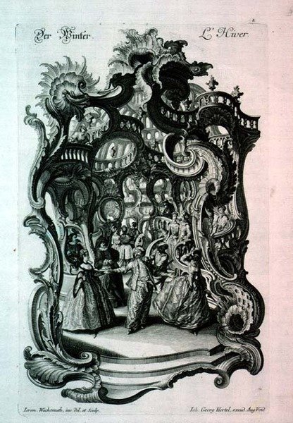 冬天，洛可可风格的乐谱，描绘了一个华丽的舞会，由Johann Georg Hertel出版。 作者 耶利米的清醒