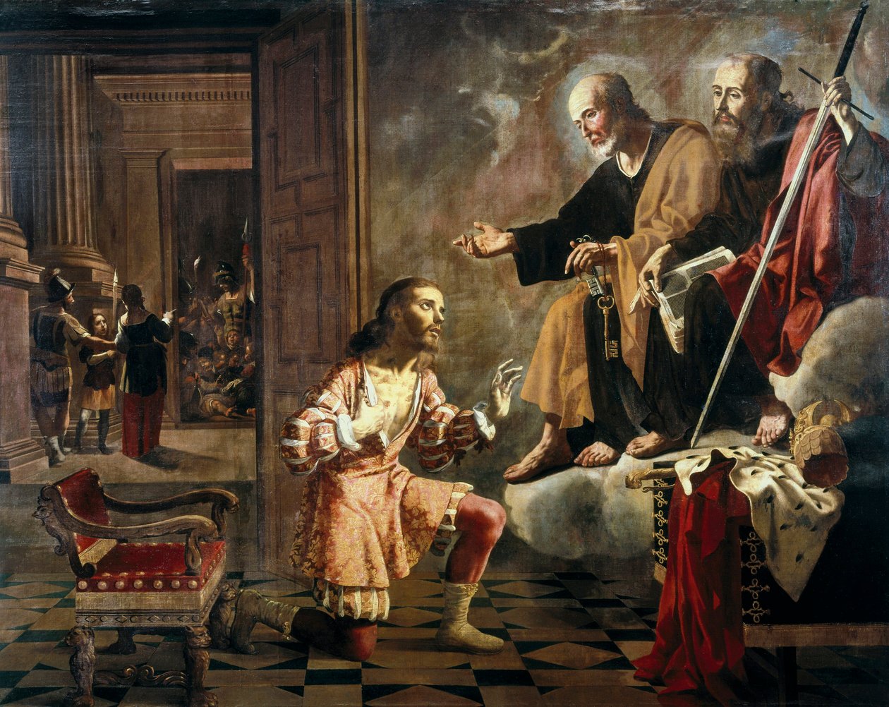 With the apostles Saint Peter and Saint Paul appearing to the Roman Emperor Constantine I the great (272-337), the first emperor to convert to Christianity 作者 杰罗尼莫·贾辛托·埃斯皮诺萨