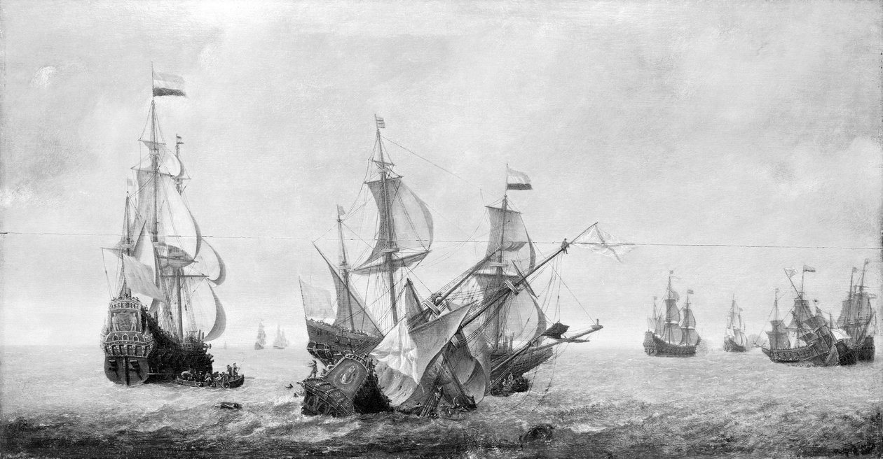 左前方的 "Eendracht "号轮船悬挂着荷兰国旗。布面油画，17 世纪中叶，作者杰罗尼姆斯-凡-迪斯特（Jeronimus van Diest，约 1631 年至 1675 年之后）。 作者 耶罗尼莫斯·范·迪斯特