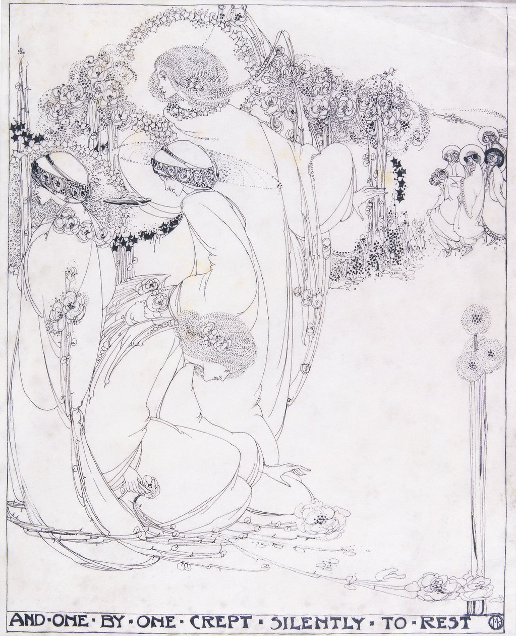 一个接一个悄然入眠，约 1902-3 年（牛皮纸上的钢笔和黑色墨水） 作者 杰西·马里恩·金